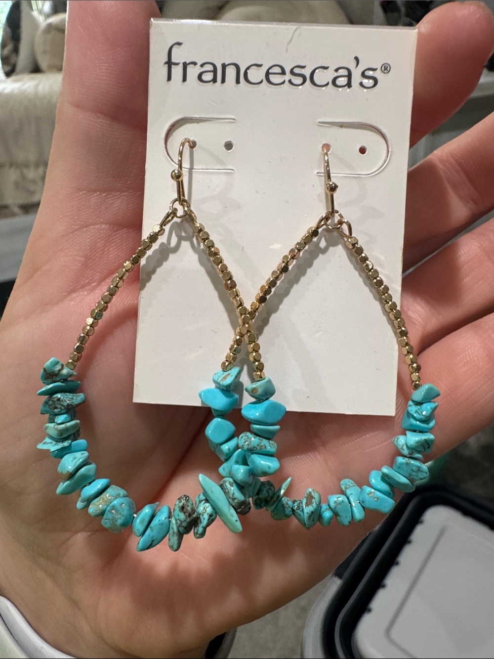 Francesca's Turquoise Chip Teardrop Hoop Earrings with Gold Beads